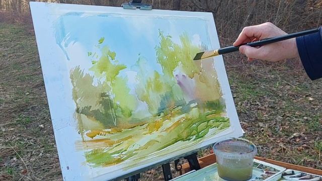 Первая зелень, работа акварелью на пленэре, просто и подробно смотреть онлайн