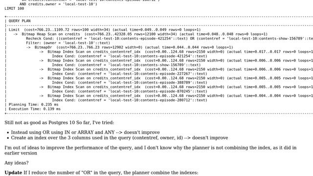 Performance issue with postgres 11 order by and multiple or смотреть онлайн