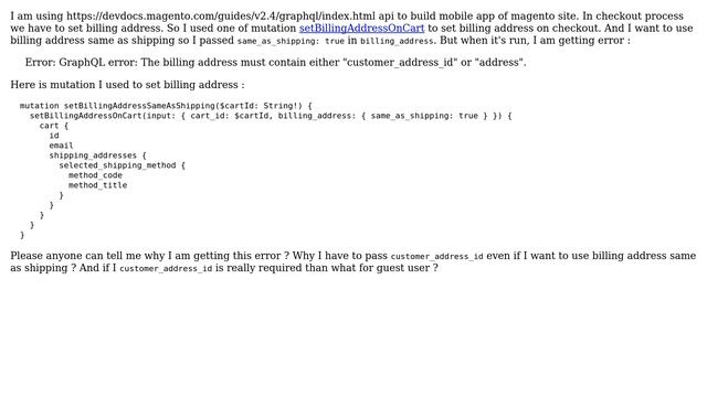 Why I am getting GraphQL error: The billing address must contain either "customer_address_id" смотреть онлайн