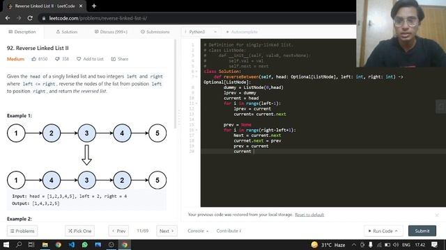 92. Reverse Linked List II | Leetcode | Python смотреть онлайн