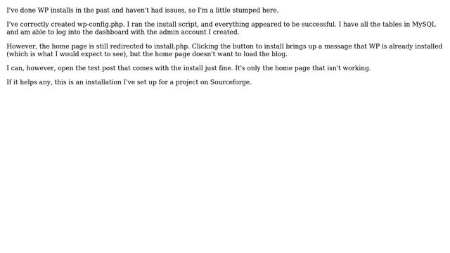 Wordpress: Installed successfully; home page still redirects to install.php (2 Solutions!!) смотреть онлайн