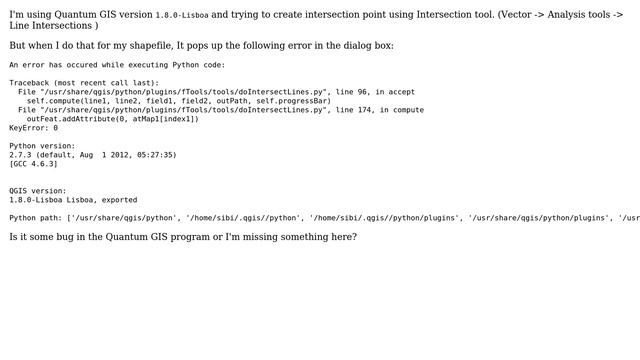 GIS: Why do I get 'KeyError: 0' when using Line Intersection tool? смотреть онлайн