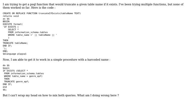 Postgres : Truncate if exists in psql function with parameter смотреть онлайн