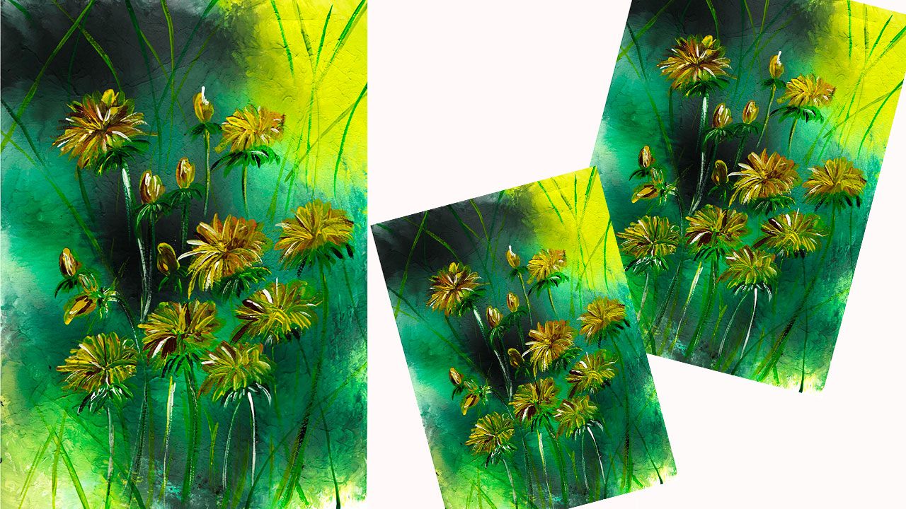 Как нарисовать летний пейзаж. Рисуем одуванчики. Рисуем желтые цветы. смотреть онлайн