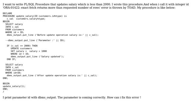 Databases: ORA-01422 Error Occurred When I Call Procedure with Number Parameter смотреть онлайн