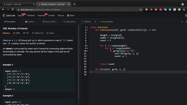 Leetcode 200. Number of Islands - Python DFS смотреть онлайн