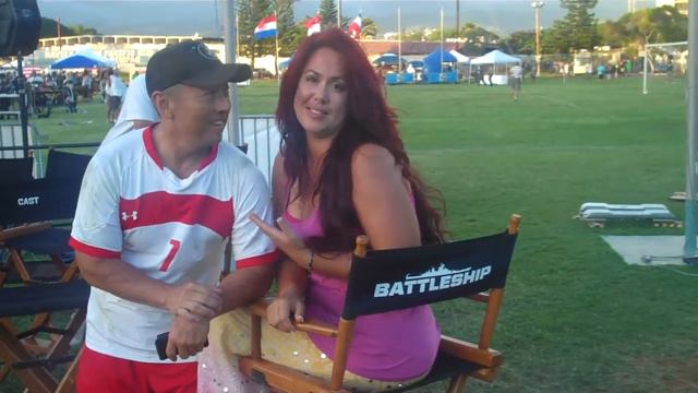 Actress Fileena Bahris with Actor Joji Yoshida on the set of "Battleship" смотреть онлайн