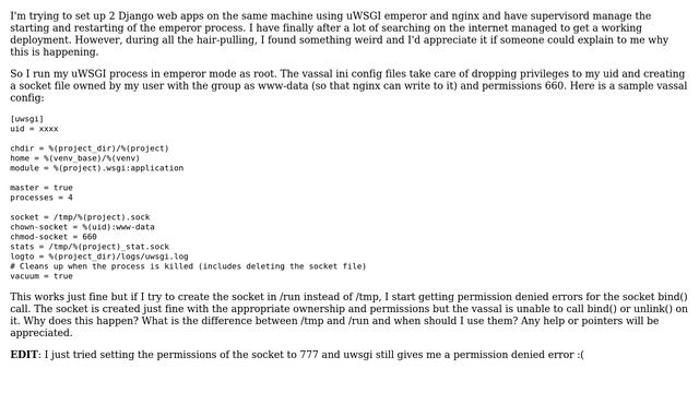 Setting up Django + nginx + uwsgi + supervisord: Difference between sockets in /run vs /tmp смотреть онлайн