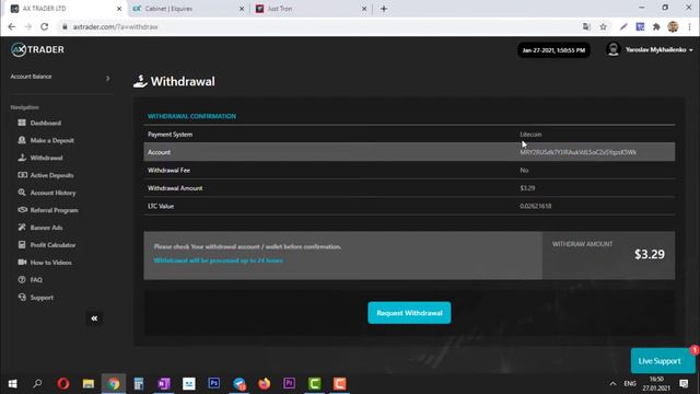 AX TRADER РЕАЛЬНО ПЛАТИТ? ПЕРВЫЙ ВЫВОД С ХАЙП ПРОЭКТА НА ЛАЙТ КОИН LTC 2021 ГОД смотреть онлайн