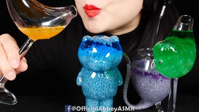ASMR RAINBOW VARIETY DRINKS *EDIBLE FROG EGGS BOBA TEA JELLO Water Drinking Sounds Bird Glasses 먹방