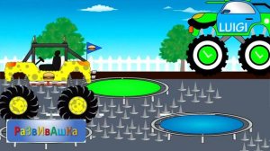Гонка монстр трак Губки Боба против монстр трака  Луиджи.  Мультики про машинки