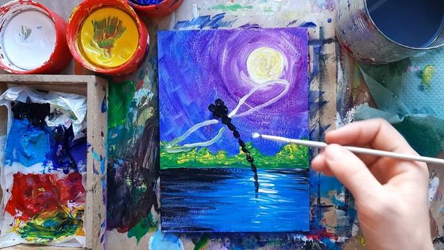 СТРЕКОЗА |Ночной пейзаж?Рисование красками для детей и взрослых смотреть онлайн