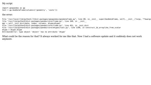 GIS: Python: Cannot construct empty GeoDataFrame with columns смотреть онлайн