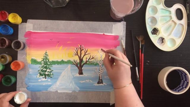 Рисуем зимний пейзаж часть 5 / Drawing for kids / Урок рисования смотреть онлайн
