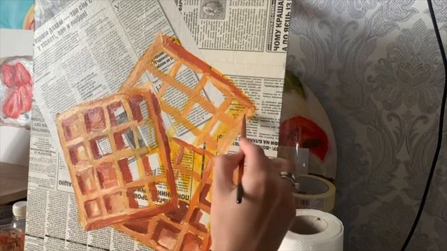 waffle вафли урок рисования на газете поэтапно waffle  on newspaper Step oil painting