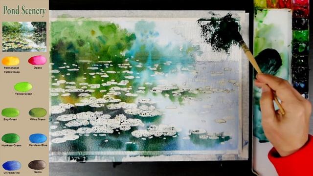 Landscape Watercolor - Pond Scenery (masking work, sketch & color mixing) NAMIL ART смотреть онлайн