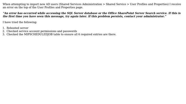 MOSS 2007 Sharepoint Shared Services AD Import SQL/Search Error prevents user import смотреть онлайн