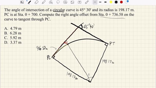 The angle of intersection of a circular curve is 45° 30' and its radius is 198.17 m. PC is at Sta… смотреть онлайн