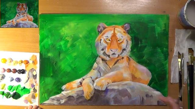 Как нарисовать тигра. Тигр лежащий на камне. Акрил смотреть онлайн