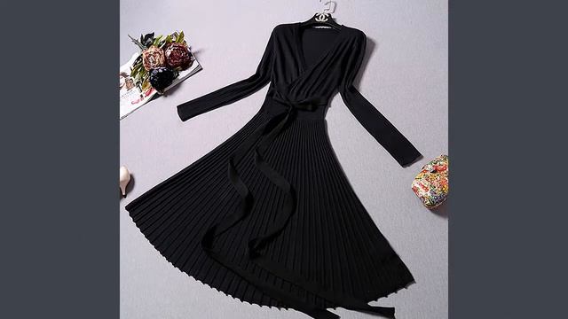 Женская одежда с Aliexpress - Платье с длинным рукавом и v-образным вырезом. смотреть онлайн