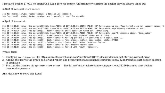 Unix & Linux: starting docker daemon times out in openSUSE 15.0 смотреть онлайн