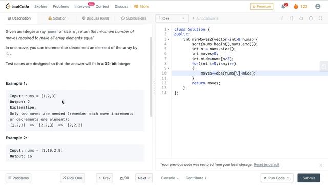 462. Minimum Moves to Equal Array Elements II смотреть онлайн