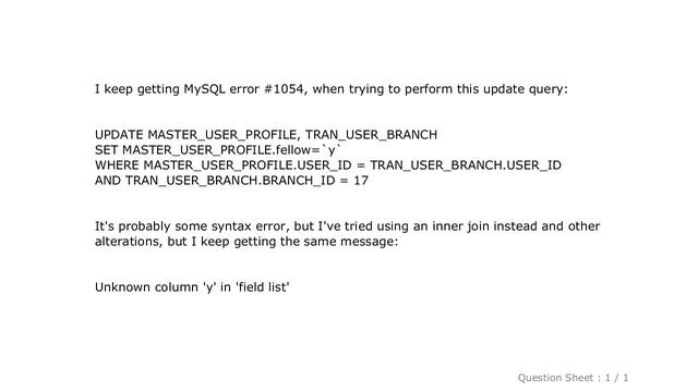 MySQL : Unknown column in 'field list' error on MySQL Update query смотреть онлайн