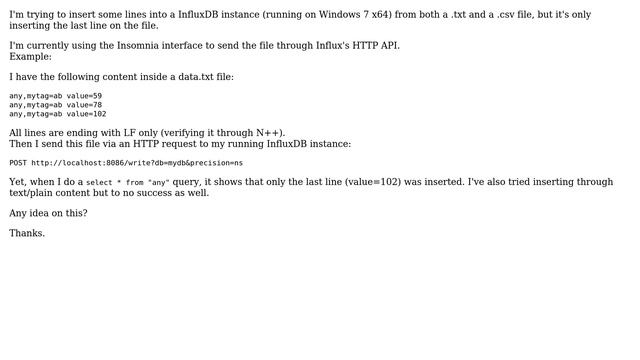 Databases: InfluxDB batch insert only inserts the last line смотреть онлайн