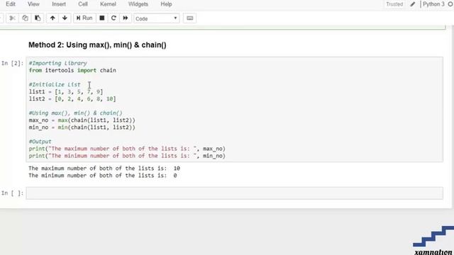 Maximum and Minimum value from two lists-using max(),min()&chain() смотреть онлайн