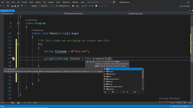 Create a new file in the disk newly using FileStream in C# смотреть онлайн