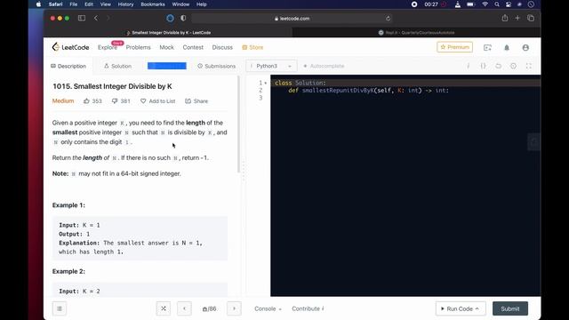 Leetcode 1015 Smallest Integer Divisible by K in python #python смотреть онлайн