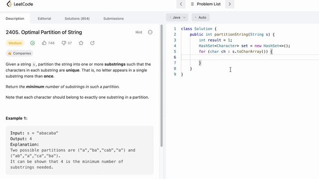 Leetcode | 2405. Optimal Partition of String | Medium | Java Solution смотреть онлайн
