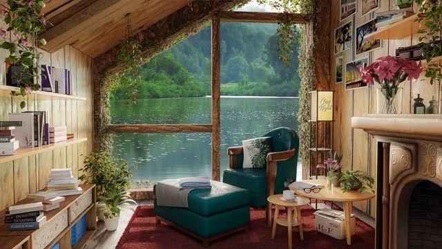 Spring Morning in Coffee Shop Ambience with Relaxing Guitar Music, Fall Nature Sound for Sleep, Wor смотреть онлайн