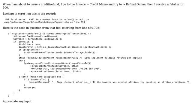 Magento: Magento 1.9.3.4 PHP Fatal error: Call to a member function refund() on null смотреть онлайн