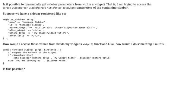 Wordpress: Get sidebar parameters (before_widget, before_title, etc.) from within a widget смотреть онлайн