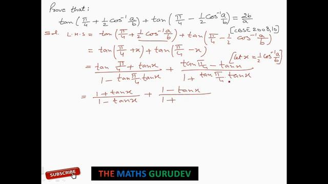 PROVE THAT : tan(pi/4+ 1/2 cos^-1 a/b)+tan(pi/4 +1/2 cos^-1a/b) =2b/a смотреть онлайн