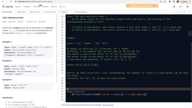 Leetcode 336. Palindrome Pairs - use dict ADT and prefix/suffix check to build palindrome смотреть онлайн