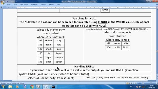 Class 11 IP MySQL Handling Nulls and Distinct Values Examples Explain смотреть онлайн