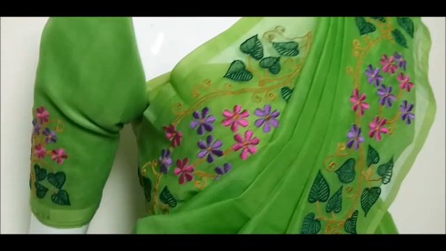 Machine Embroidery Kota Saree Design - 67 Pink Purple & Green Floral Leaf Pattern in Green Supernet смотреть онлайн