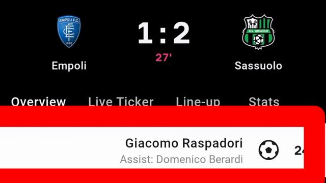 Giacomo Raspadori Goal Vs Empoli | Empoli Vs Sassuolo | 1-2 | смотреть онлайн