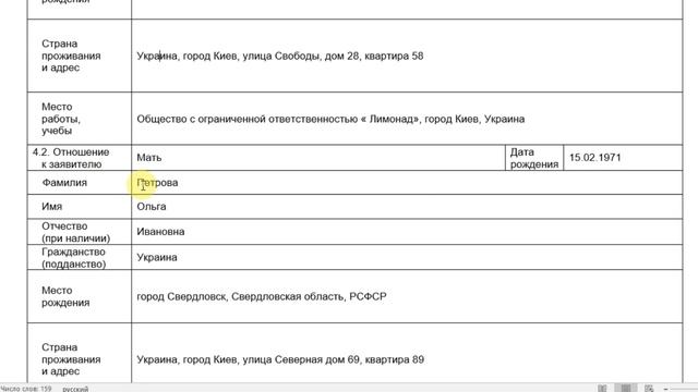 Сведения о близких родственниках. Образец заполнения на ВНЖ приложение №2 смотреть онлайн