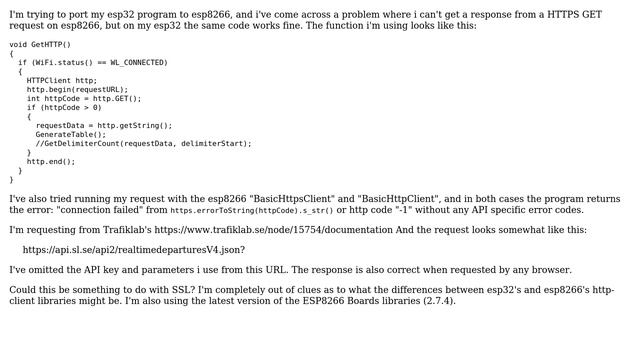 Arduino: HTTPS GET request working on esp32 but not on esp8266 смотреть онлайн