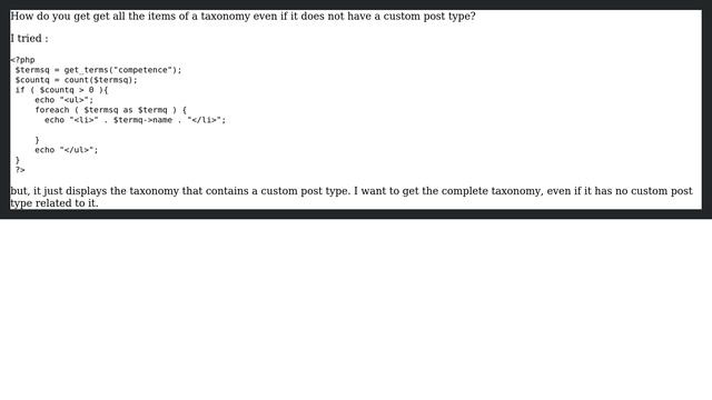 Wordpress: How to get all the items of a taxonomy even if it does not have a custom post type? смотреть онлайн