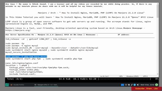 Manjaro / Arch - installing Nginx, MariaDB, PHP (LEMP) On Manjaro 21.2.0 Linux смотреть онлайн