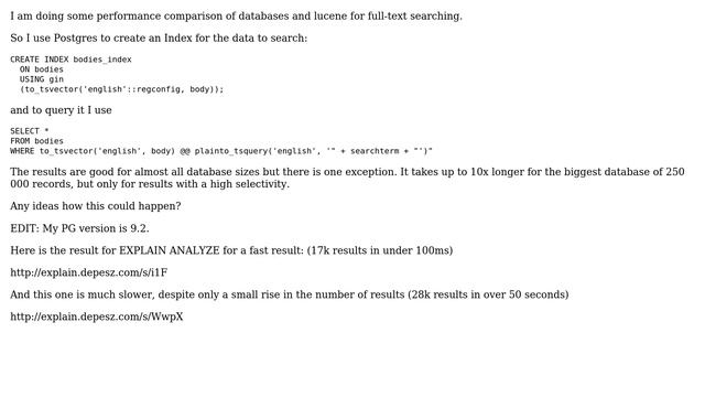 Big jump in search time for Postgres Index query for results with high selectivity смотреть онлайн