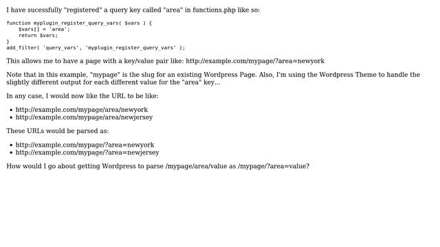 Wordpress: How would I get Wordpress to parse /mypage/area/value as /mypage/?area=value? смотреть онлайн