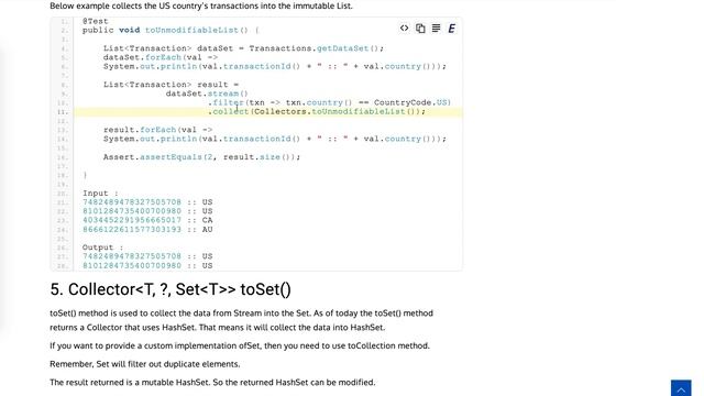 Learn Collectors toList, toUnmodifiableList, toSet, toUnmodifiableSet and toCollection with example смотреть онлайн