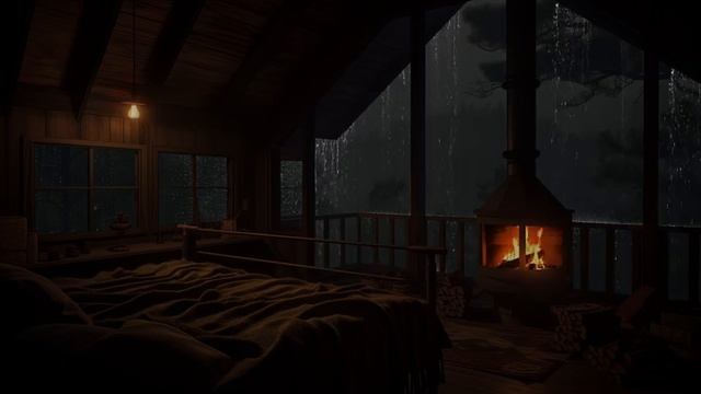 따뜻한 벽난로와 비오는 밤의 약간의 추위 - 어두운 숲 속의 폭풍우와 함께 발코니에서 휴식을 취하세요 смотреть онлайн