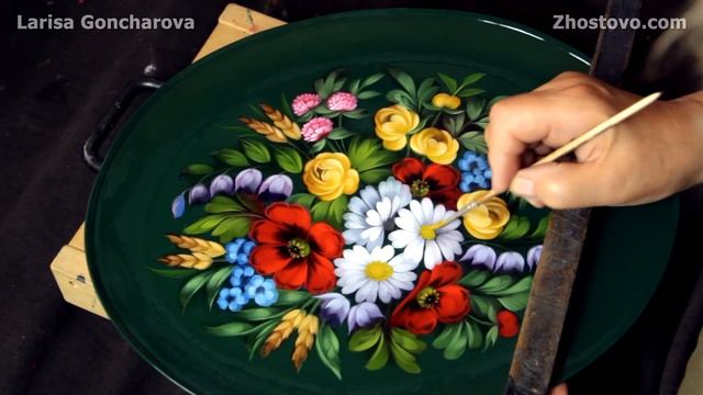 Рисуем цветы на Жостовском кованом подносе. Букет на зеленом фоне. Лариса Гончарова из Жостово смотреть онлайн