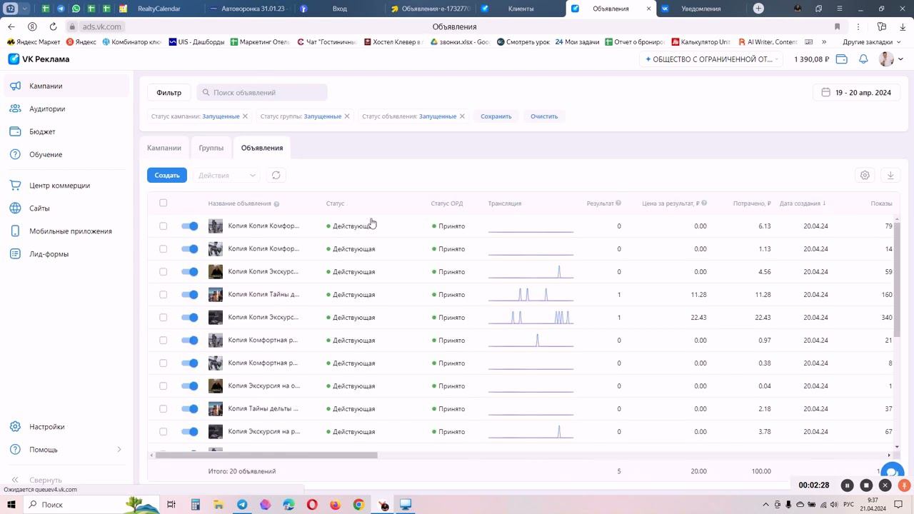 Результаты запуска рекламной компании ВКонтакте